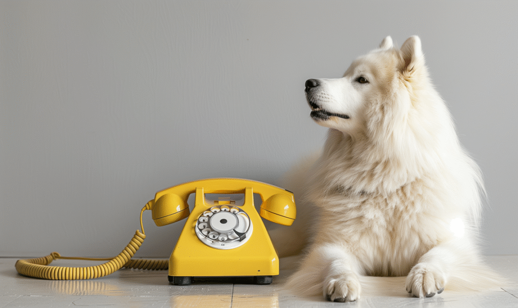Samoyed sitting by a yellow rotary phone