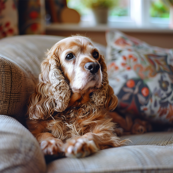 Elderly Cocker Spaniel on a couch