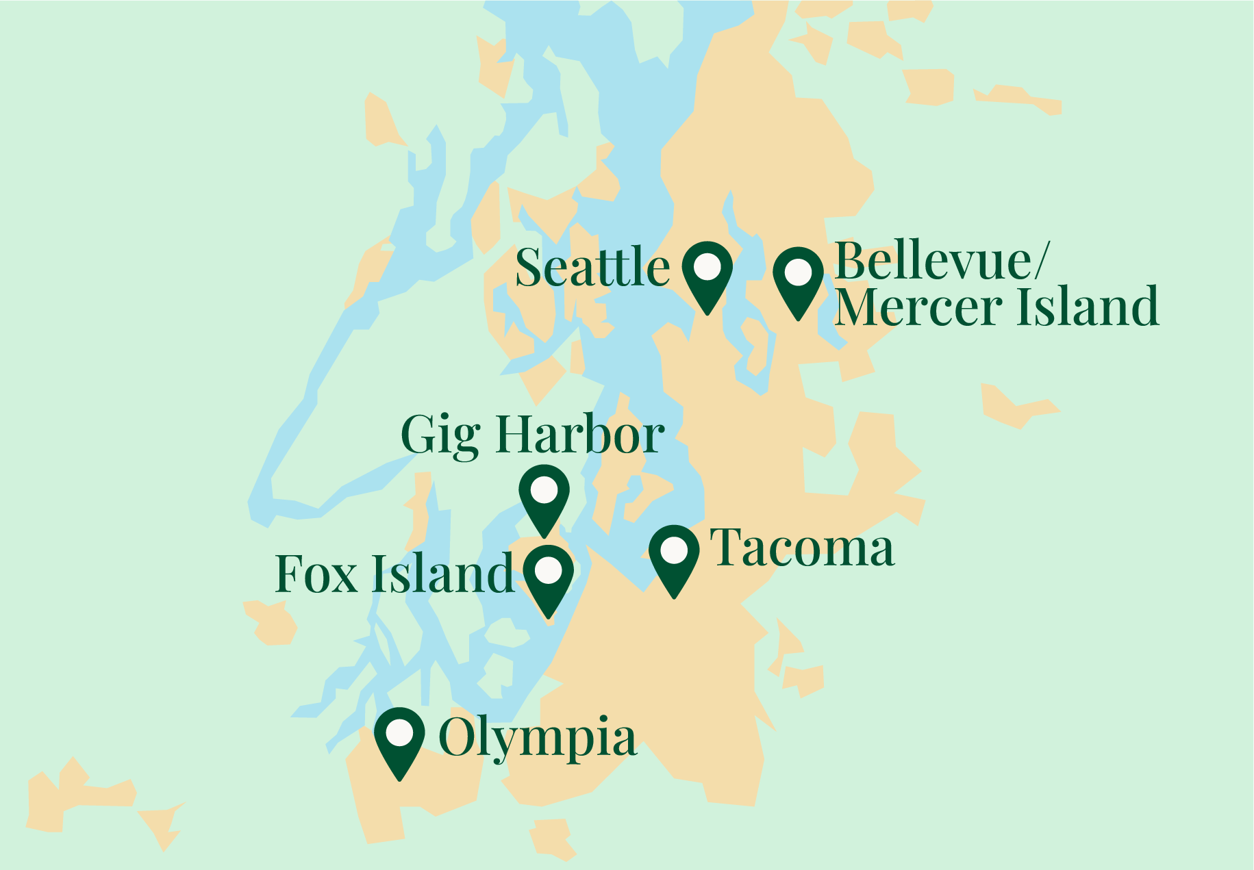 Map of Puget Sound Area. Cities highlighted are Seattle, Bellevue/ Mercer Island, Tacoma, Gig Harbor, Fox Island, and Olympia