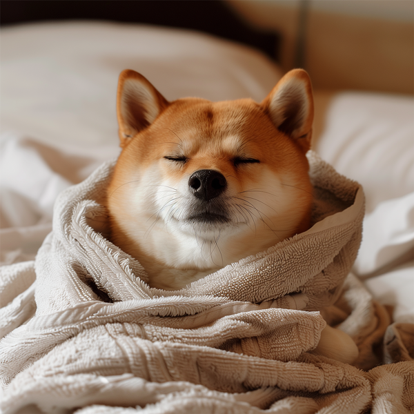 Shibu Inu relaxing wrapped in a towel