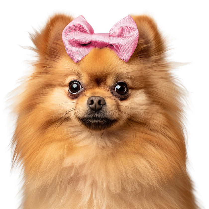 Pomeranian with a pink bow on its head